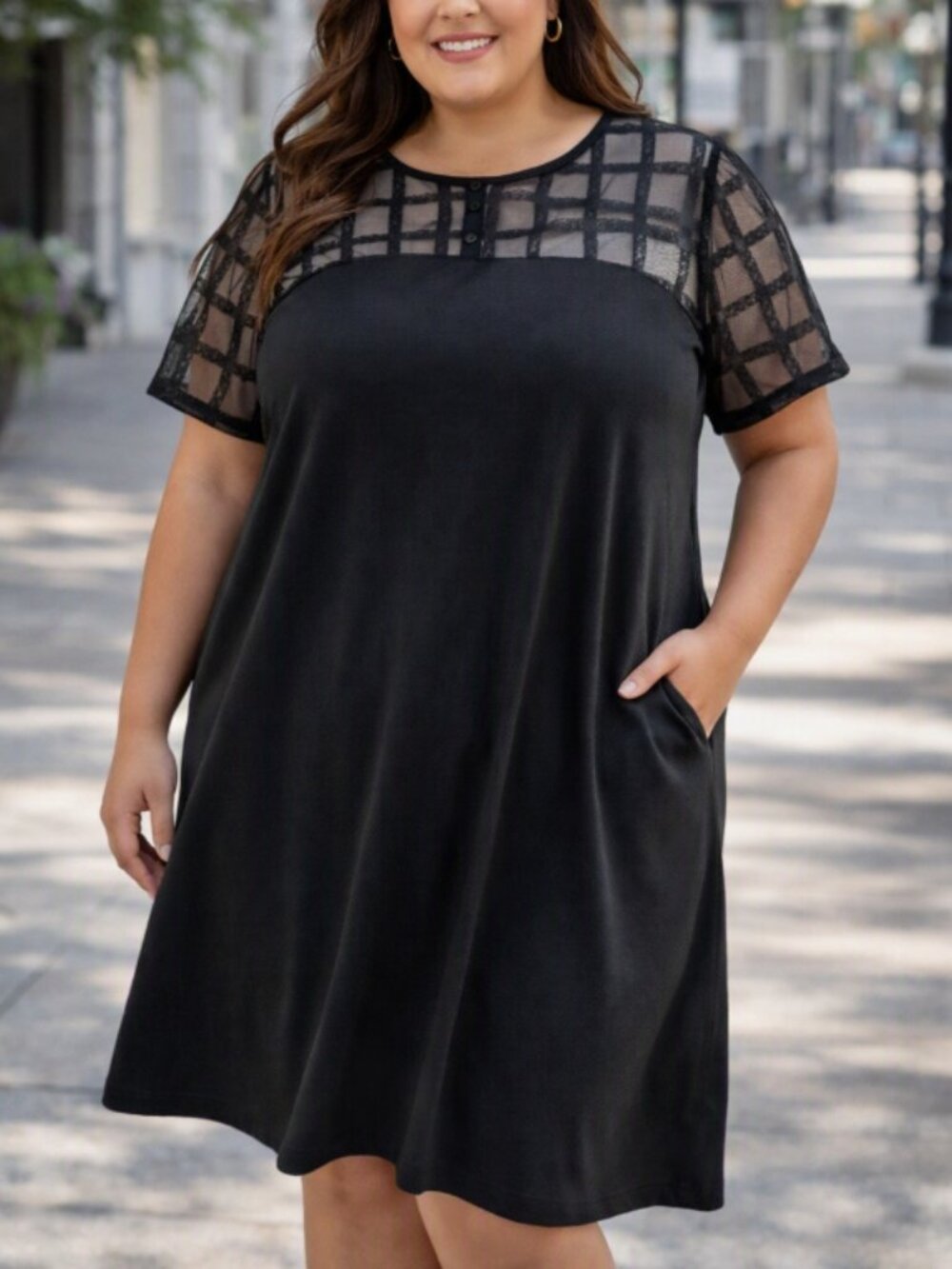 Musa Lis Little Black Stretch Mesh Grid Yoke Dress Plus XXL Cocktail Party